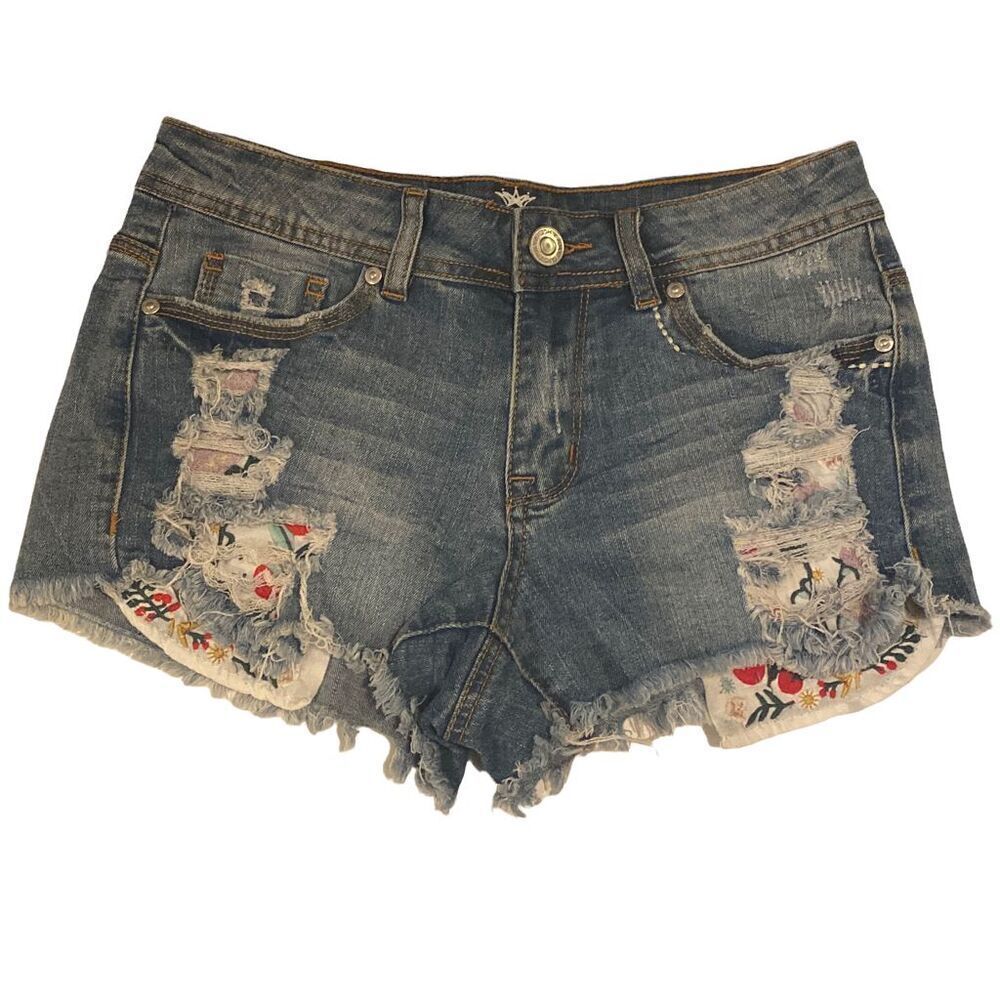 Almost Famous Size 5 Embroidered Pocket Cut Off Jean Shorts EUC